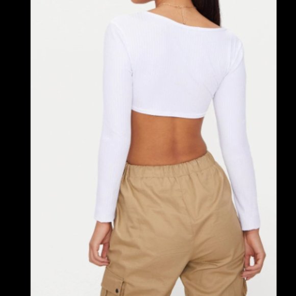 Basic White Rib Longsleeve Crop Top - Picture 3 of 3